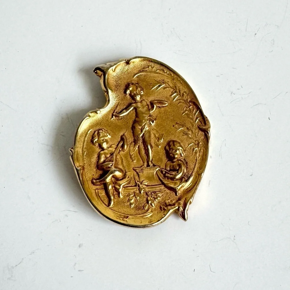 Vintage Cherub Brooch Art Nouveau Style Gold Plated Angel Pin Estate‎ Piece